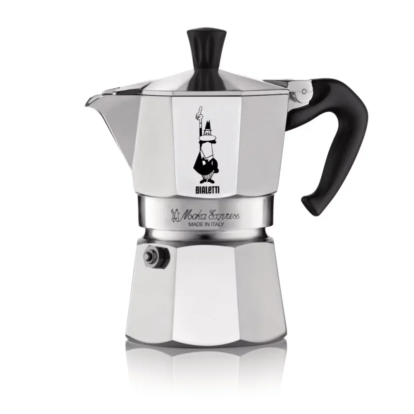 Silver Bialetti moka pot with a black handle for 3 cups on a white background