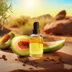 Flacon en verre avec de l'huile porteuse 100 % naturelle de melon Kalahari, volume de 10 ml.