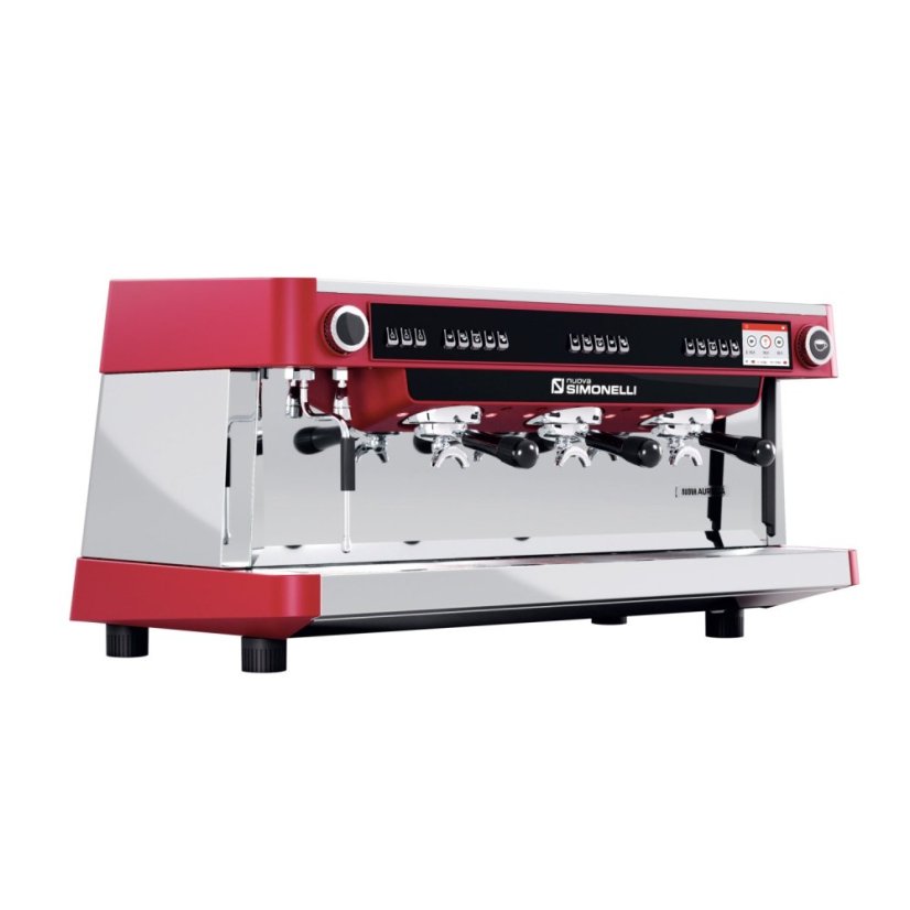 Profesionálny troj-pákový kávovar Nuova Simonelli Aurelia Volumetric 3GR v červenej farbe.