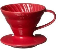 Red ceramic Hario V60-02 VDC-02R pour-over coffee maker with a capacity of 120-480 ml.