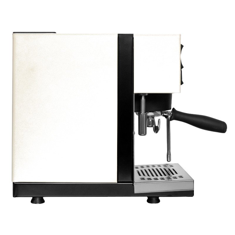 Die Seite der weißen Hebel-Kaffeemaschine von Rancilio.