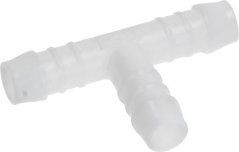 Wäisse Plastik-Schlauchstotz a T-Form mat dräi geriffelte Stotzen.