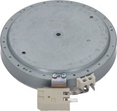 Rond elektresch Kachplack mat glatter grouer Uewerfläch a zwee Klemmkontakter op der Ënnersäit Rond elektresch Kachplack mat glatter grouer Uewerfläch a zwee Klemmkontakter op der Ënnersäit