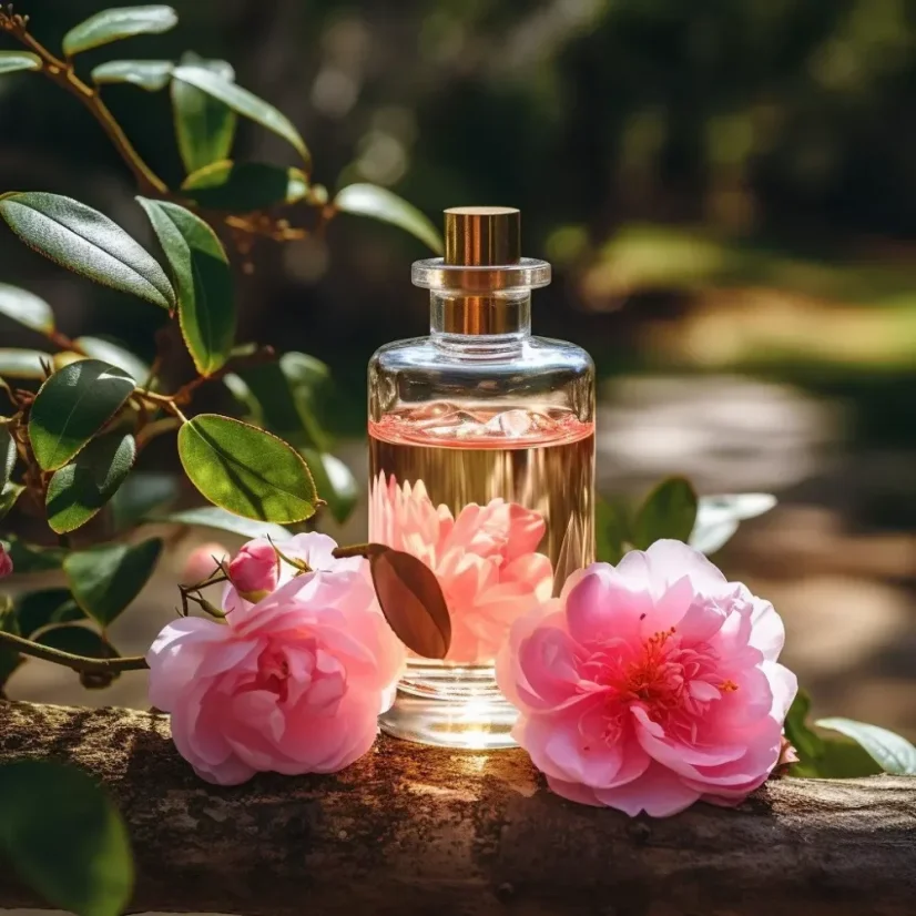 Flacon en verre contenant 100 % d'huile essentielle naturelle de camélia de 10 ml.