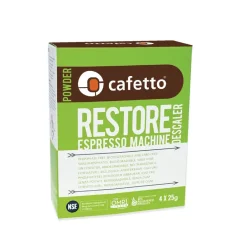 Paket Entkalkungspulver für Kaffeeautomaten der Marke Cafetto Restore Descaler, enthält 4 Beutel mit je 25 Gramm.