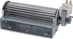 Tangentialgebläse mat engem laangen Flilleksylinder, engem Elektromotor an engem Kondensator op engem Metallrahmen