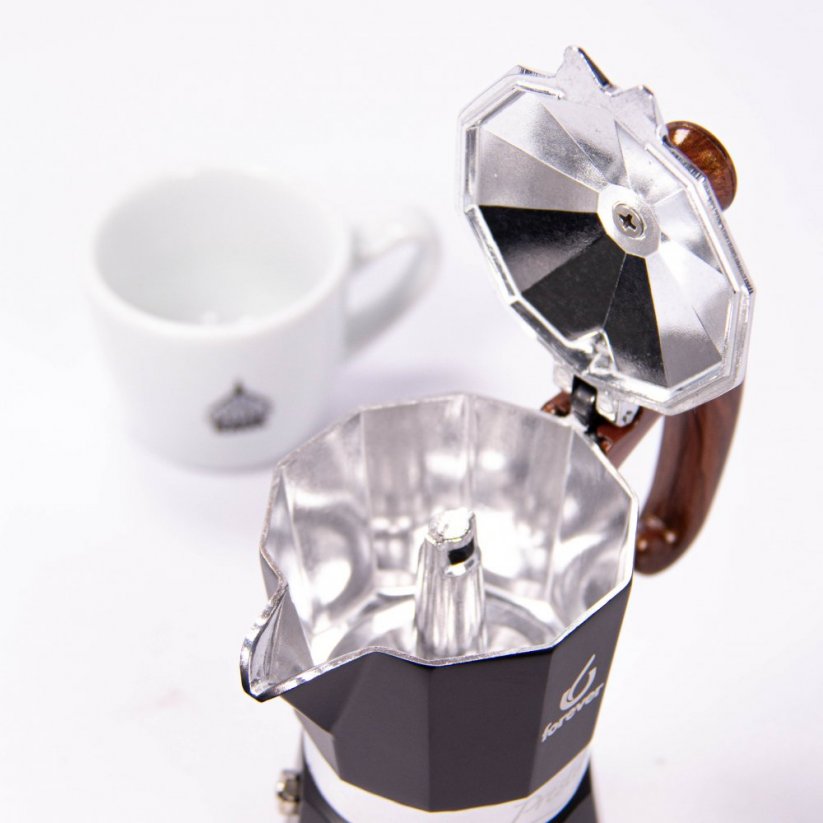 Forever Prestige Radica moka pot with open space for finished coffee.