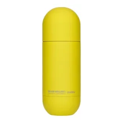 Žltá termofľaša Asobu Orb Bottle s objemom 420 ml, vyrobená z nehrdzavejúcej ocele, ideálna na udržanie teploty nápojov počas cestovania.