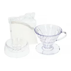Hario V60 Drip-Assist coffee brewing set in clear color, ideal for filtered coffee enthusiasts. Hario V60 Drip-Assist coffee brewing set in clear color, ideal for filtered coffee enthusiasts.