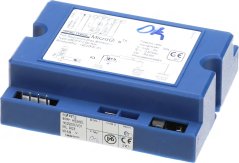 Blo Plastikbox vun der Pactrol P25 Elektronescher Box, der Steiereenheet fir d'Verbrennung, mat Klemmleescht an Etikett mat Donnéeën.