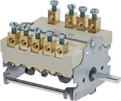 Rotary schalter 0–6 Positiounen MORICE, mat beigem keramesche Kierper, Messeng-Schrauwenklemmen an zwou Reien an enger véiereckeger Welle Rotary schalter 0–6 Positiounen MORICE, mat beigem keramesche Kierper, Messeng-Schrauwenklemmen an zwou Reien an enger véiereckeger Welle