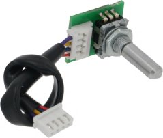 Gréng Plättchen vum Potentiometer mat Dréiknäppchen an opgerulltem Kabelbündel Gréng Plättchen vum Potentiometer mat Dréiknäppchen an opgerulltem Kabelbündel