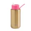 Frank Green thermos mug with a capacity of 1000 ml featuring a drinking spout, gold body and pink lid.