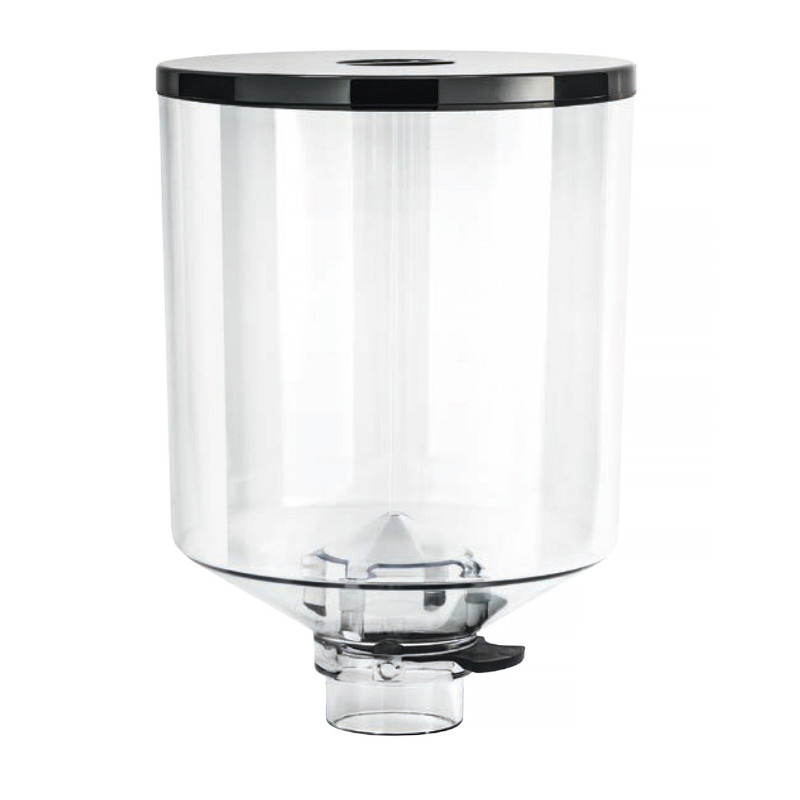 The Eureka Atom hopper with a capacity of 1400g is made of plastic, ensuring its lightness and easy handling.