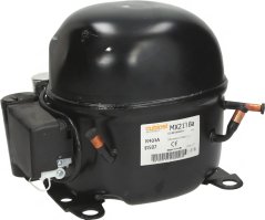 Kompressor Cubigel MX21TBa, schwaarz hermetesch mat Etikett a Kupferréier op der Säit Kompressor Cubigel MX21TBa, schwaarz hermetesch mat Etikett a Kupferréier op der Säit