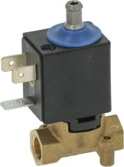 Elektromagnetescht Ventil mat schwaarzer Spull, bloem Deckelchen a Messinggehäus mat zwee Uschlëss. Elektromagnetescht Ventil mat schwaarzer Spull, bloem Deckelchen a Messinggehäus mat zwee Uschlëss.