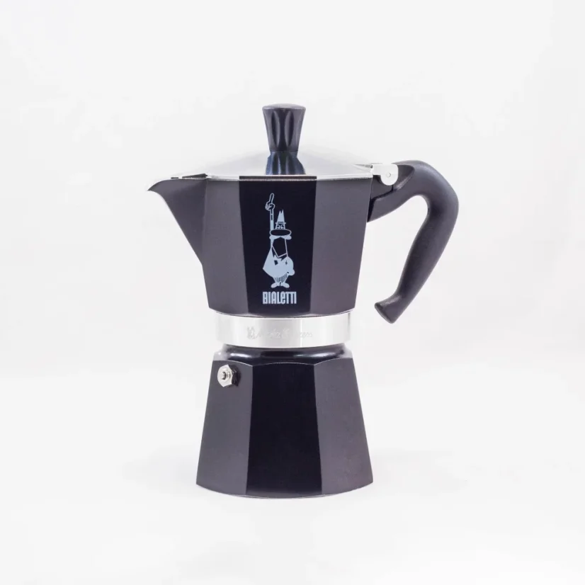 Cafetière italienne noire classique Bialetti Moka Express pour 6 tasses, convenant pour l'utilisation avec des sources de chauffage halogènes.