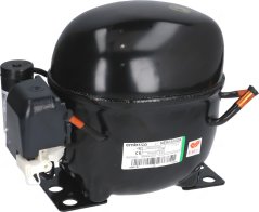 Kompressor Embraco NEK6210GK, schwaarzt hermetescht Gehäus mat engem Relais, engem Typenschëld a Kupfer-Uschlëss. Kompressor Embraco NEK6210GK, schwaarzt hermetescht Gehäus mat engem Relais, engem Typenschëld a Kupfer-Uschlëss.