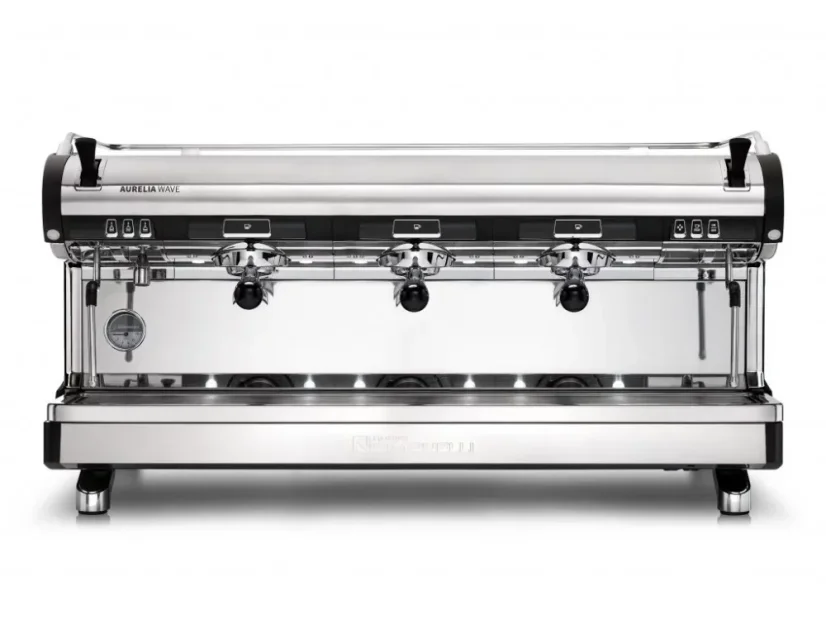 Profesionálny pákový kávovar Nuova Simonelli Aurelia Wave 3GR S v čiernej farbe s displejom pre ľahké ovládanie.