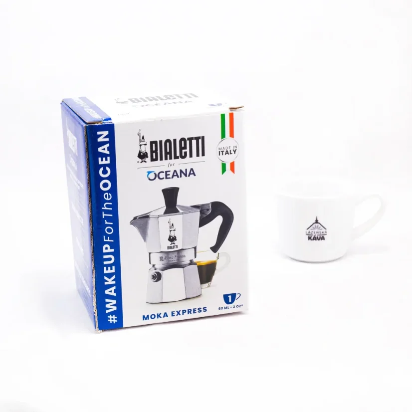 Bialetti Moka Express Kanne für die Zubereitung einer Tasse Espresso, traditionelles Design und Qualität von Bialetti.