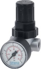 Schwaarzt Drockreduzéierungsventil mat Manometer an engem Aluminiumkierper
