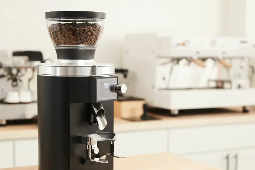 Moulin Mahlkonig E65S avec mini trémie et 250g de café en grains.