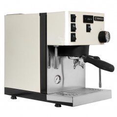 Die Vorderseite der weißen Hebel-Kaffeemaschine von Rancilio.