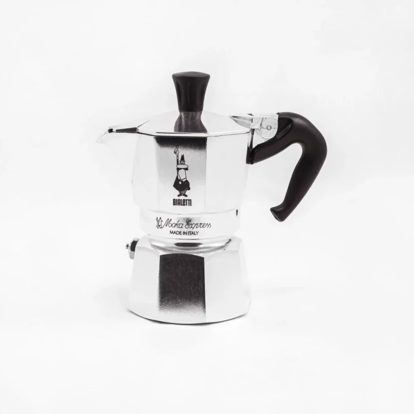 Classic Bialetti Moka Express pot for one cup with a capacity of 50 ml, suitable for making strong and aromatic espresso.