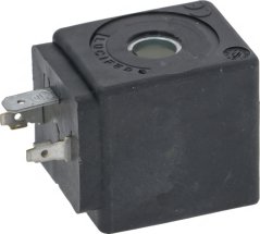 Schwaarz Spull vum elektromagnéitesche Ventil mat engem Loch an der Mëtt a Pin-Ausgäng