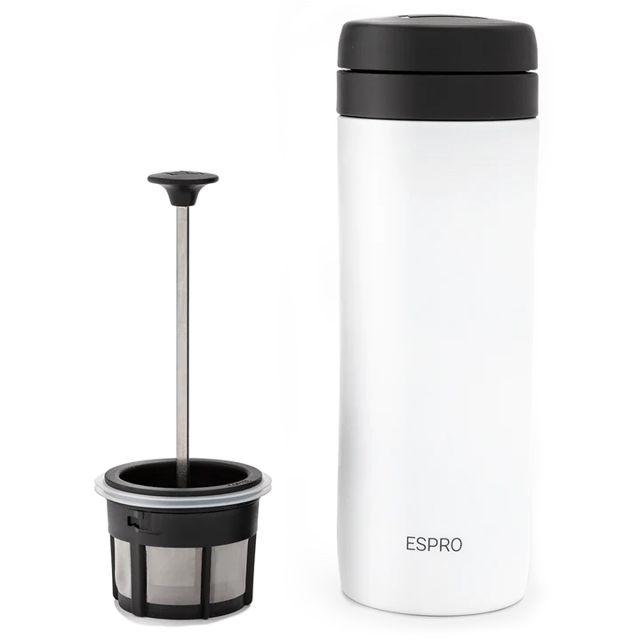 Travel French Press and thermos in one. In white with a volume of 300 ml.