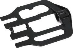 Flaache schwaarze Metallhalter mat e puer laangzäilege Aussparungen an engem zylindresche A mat Lach op enger Säit.