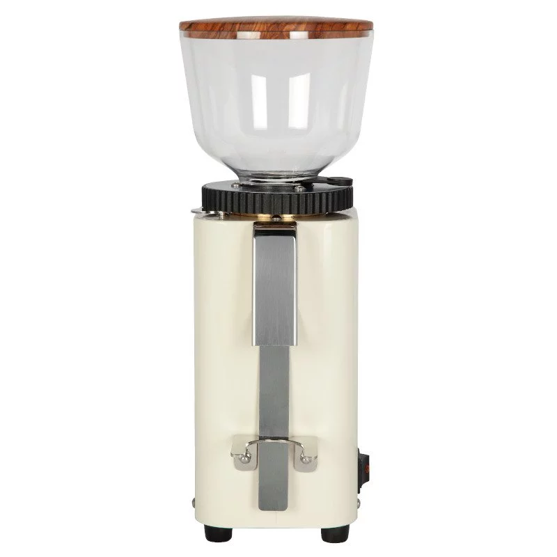 White ECM C-Manuale 54 coffee grinder for espresso preparation with an olive lid.