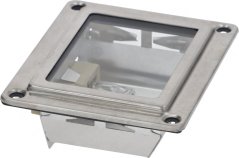 Fatthalter mat Halogenluucht G9 2W 230V, quadratesche Metallrand, véier Montagebohrungen an engem duerchsiichtege Deckel.