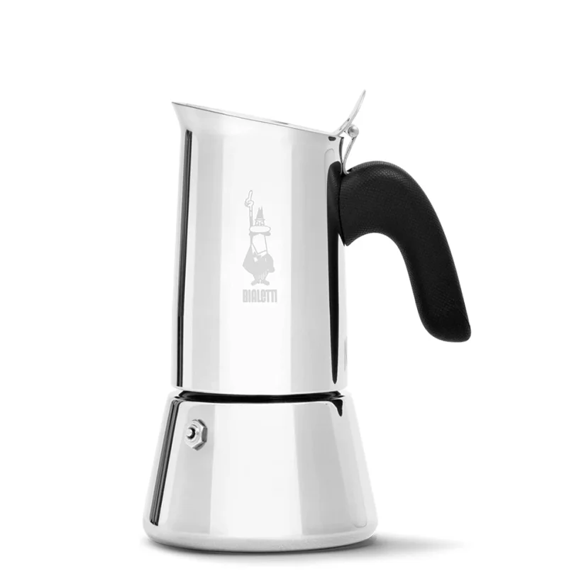 Bialetti New Venus silver moka pot with a black handle for 4 cups on a white background