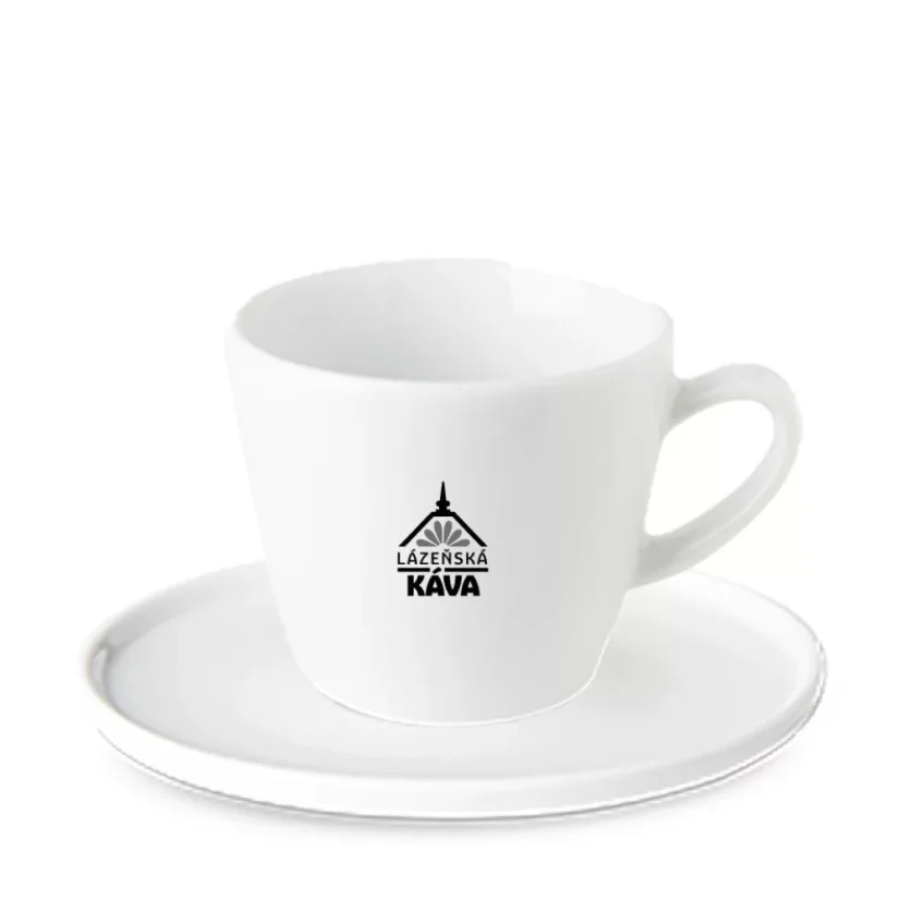 Biały porcelanowy kubek i spodek, pojemność 140 ml.