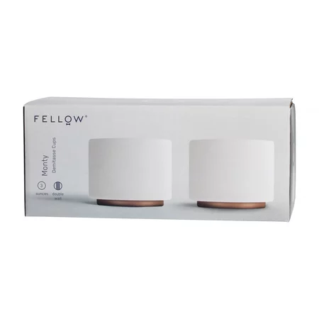 Two white ceramic Fellow Monty cups, 90 ml, perfect for strong coffee enthusiasts, suitable for espresso or ristretto.