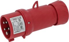 Rout Dräiphasestecker IP44 mat véier Pinnen an enger dréibarer Kabelsécherung. Rout Dräiphasestecker IP44 mat véier Pinnen an enger dréibarer Kabelsécherung.