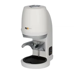 Biały automatyczny tamper Puqpress Q2 o średnicy 58,3 mm, kompatybilny z ekspresami do kawy ECM Classika.
