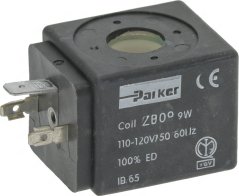Schwaarz Spull vum elektromagnéitesche Ventil Parker ZB09 mat engem Loch an der Mëtt a Pin-Ausgäng