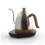 Electric kettle in luxurious silver design with wooden elements.
