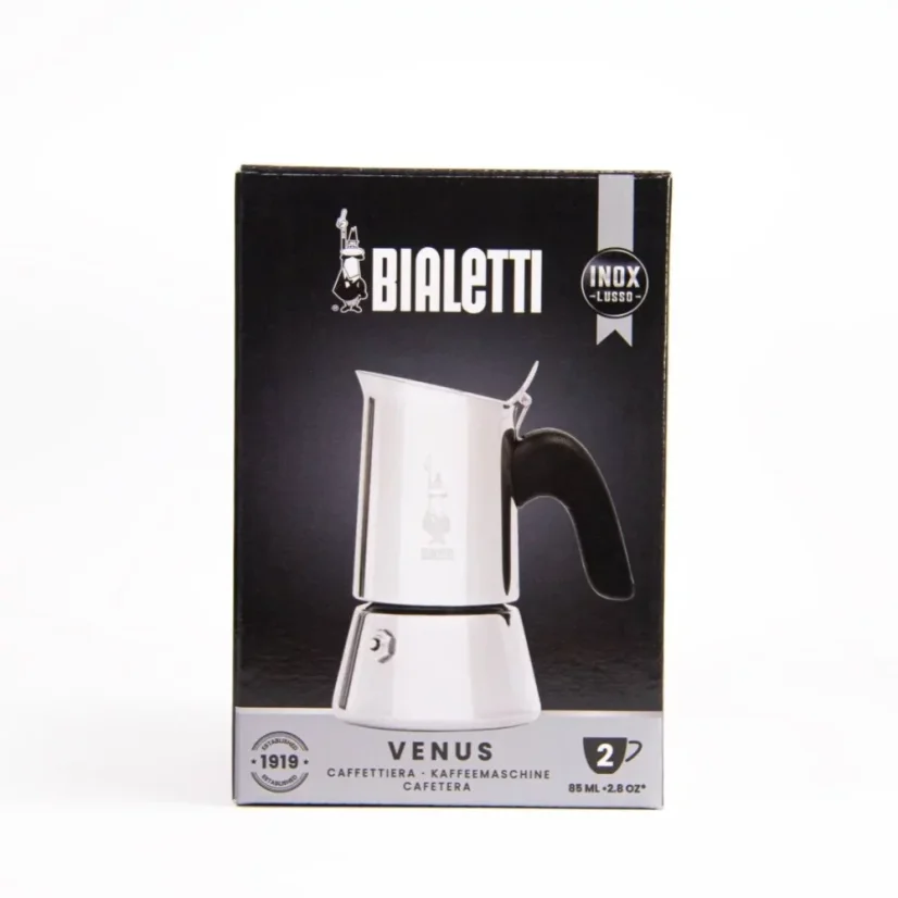 Bialetti New Venus silver moka pot for 2 cups in original box on a white background