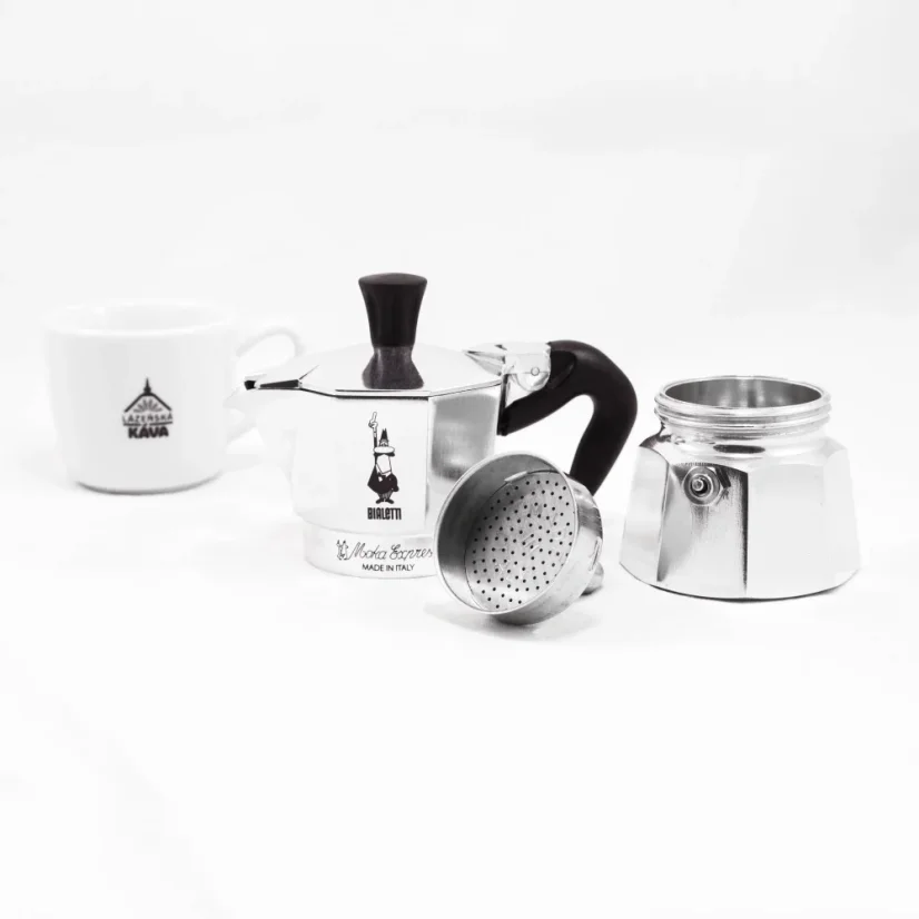 Classic Bialetti Moka Express pot for 1 cup, suitable for use on gas heating.