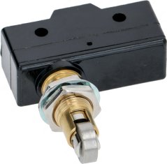 Mechanesche Mikroschalter HIGHLY Z15G1318 mat engem schwaarzen Gehäus, engem gewuenten Messingpin an engem Metallhiewel. Mechanesche Mikroschalter HIGHLY Z15G1318 mat engem schwaarzen Gehäus, engem gewuenten Messingpin an engem Metallhiewel.