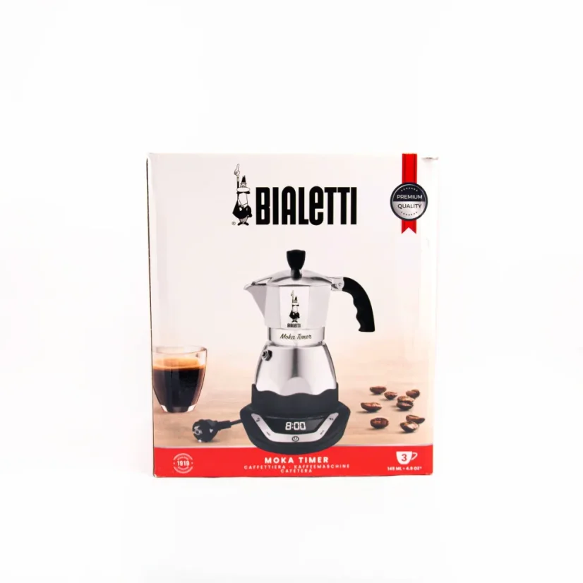 Bialetti Moka Timer silberne Espressokanne für 3 Tassen in Originalverpackung vor weißem Hintergrund.