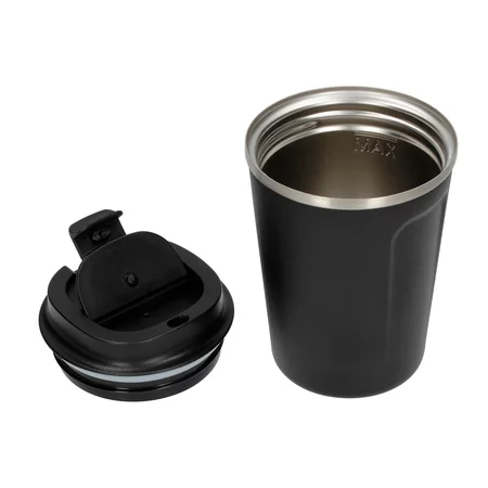 Termohrnček Asobu Cafe Compact v čiernom prevedení s objemom 380 ml, vyrobený z nehrdzavejúcej ocele.