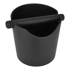 Black plastic knock box in the shape of a bucket on a white background