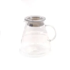 Carafe en verre Hario pour V60 d'une capacité de 800 ml avec un insert en caoutchouc spécial sur un fond blanc.