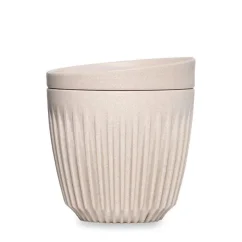 Termo vaso beige Huskee Natural de 180 ml con tapa, ideal para viajar.