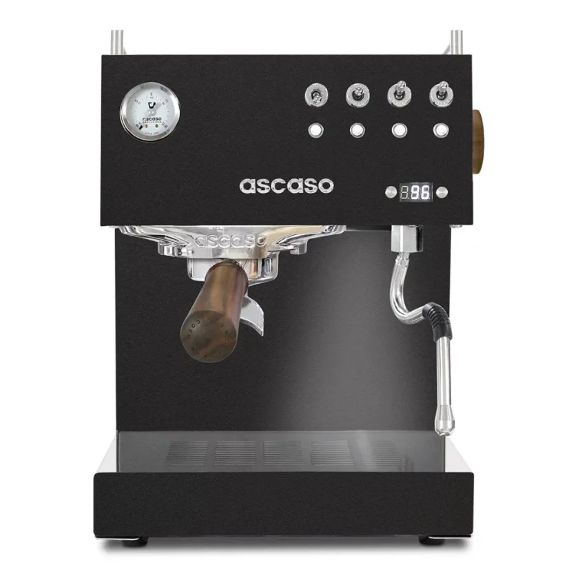 Machine à café Ascaso Steel UNO PID en noir avec éléments en bois, idéale pour la préparation de café espresso à la maison, avec réservoir d'eau.
