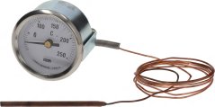 Wäisse Fernthermometer REPAGAS mat engem Metallgehäus, enger Skala vun 0 bis 250 °C an enger Kupferkapillare mat enger Sond. Wäisse Fernthermometer REPAGAS mat engem Metallgehäus, enger Skala vun 0 bis 250 °C an enger Kupferkapillare mat enger Sond.